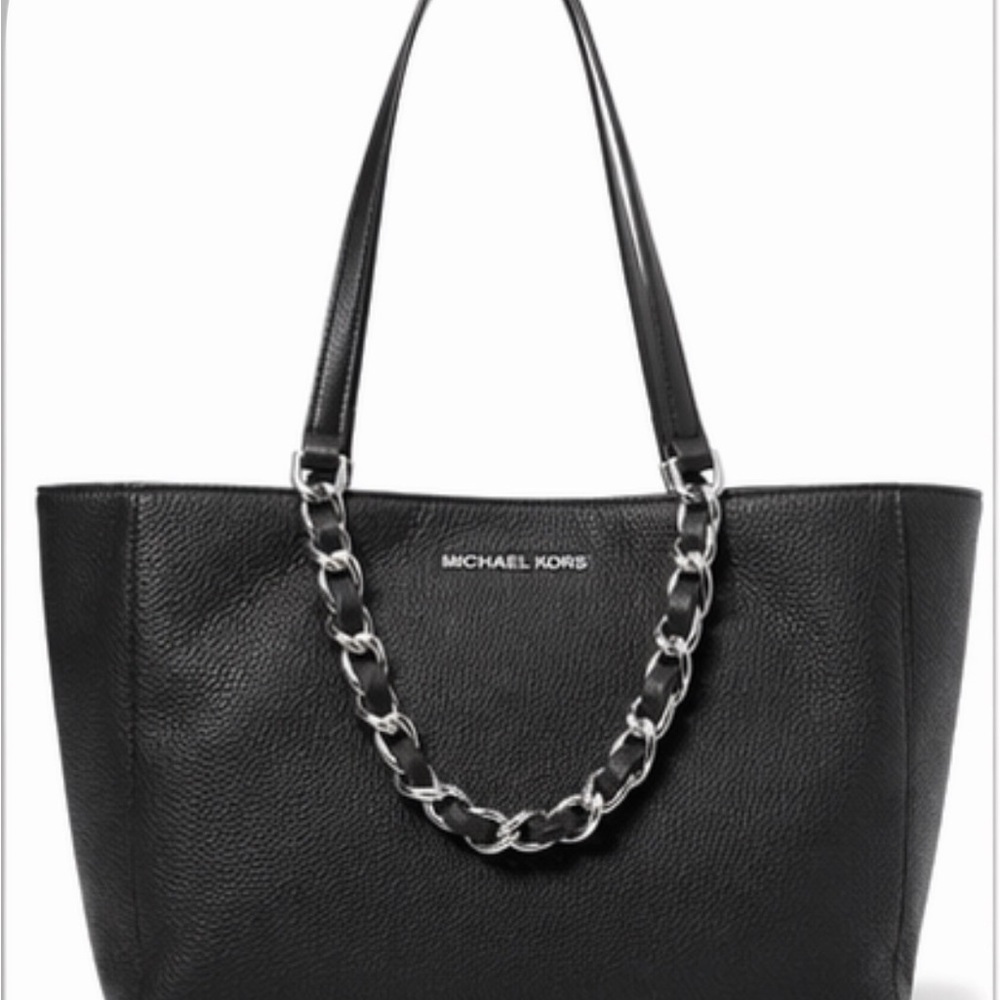 Michael Kors Black Pebbled Leather Tote with Chain Detail